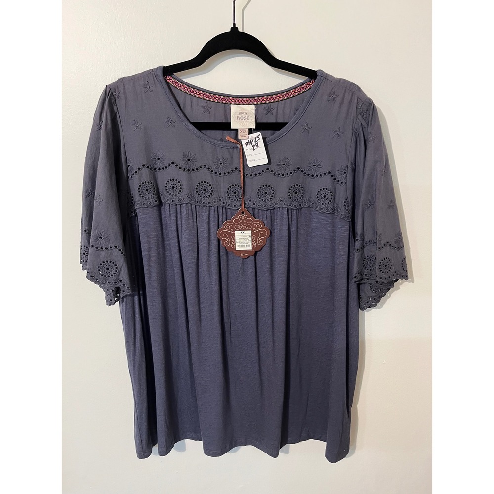 Knox Rose Women XXL Storm Blue Grey Eyelet Embroidered Boho Slub Knit Blouse NWT